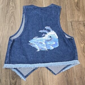 Vintage Denim Fringe Womens Vest Size Large Dolphin Print